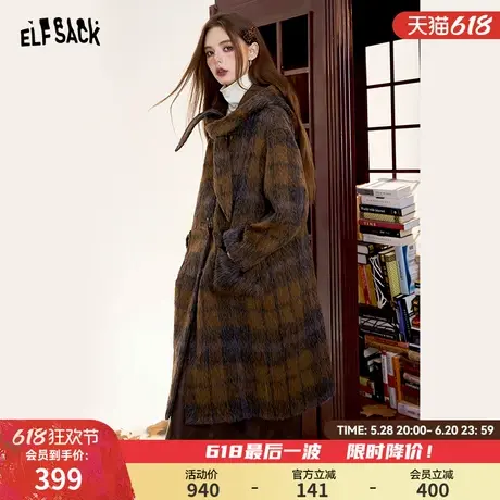 妖精的口袋咖色格纹连帽长款仿毛呢外套女2024冬季新款牛角扣大衣图片