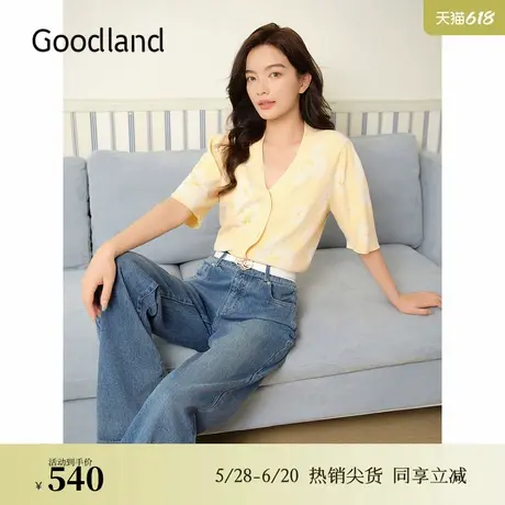 Goodland美地夏季花朵提花V领毛针织衫短袖上衣图片