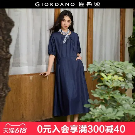设计师款佐丹奴裙子女纯棉薄款压褶圆领中袖牛仔连衣裙18465202图片