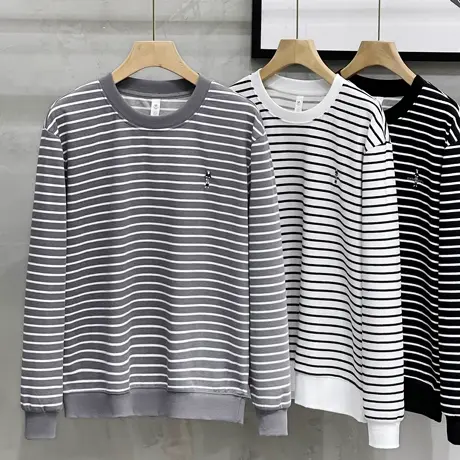 美式复古条纹卫衣男设计感2023年秋季新款宽松百搭痞帅圆领外套潮商品大图