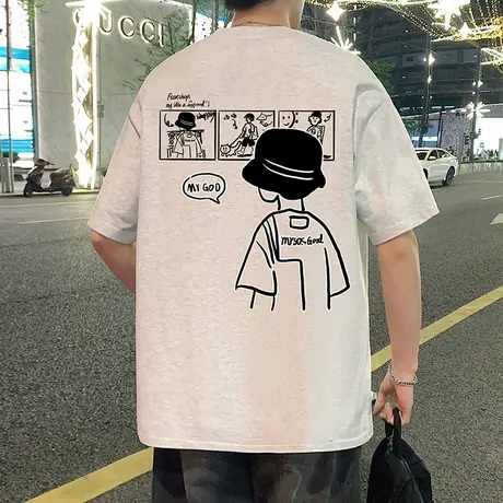 美式人物短袖t恤男夏季新款高街重磅vintage半袖设计感纯棉五分袖商品大图