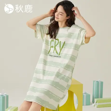 秋鹿【商场新款】睡衣女士夏季纯棉睡裙条纹薄款休闲可外穿家居服商品大图