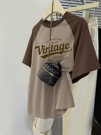 短袖T恤2023新款夏季美式插肩袖女装ins潮大码纯棉撞色高街风上衣图片