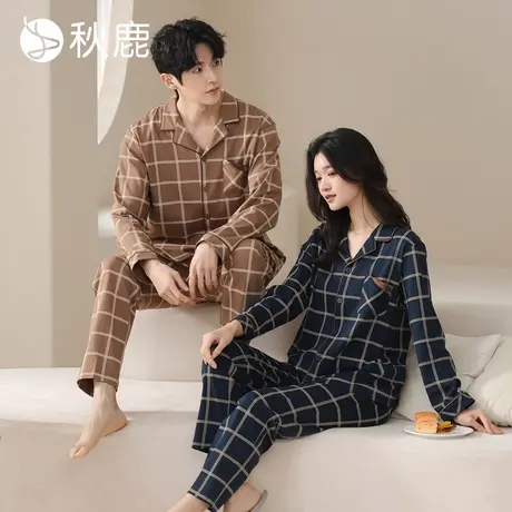 秋鹿格纹一男一女睡衣可外穿丝滑棉印花国民领男套复古家居服套装商品大图