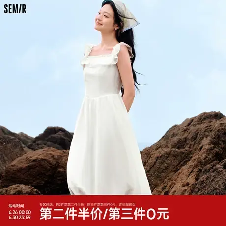森马连衣裙女修身荷叶边甜美风慵懒2024新款夏季小飞袖中长裙温柔商品大图