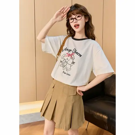 唐狮夏季新款女短袖T恤可爱印花纯棉圆领白色休闲穿搭别致官方TA图片