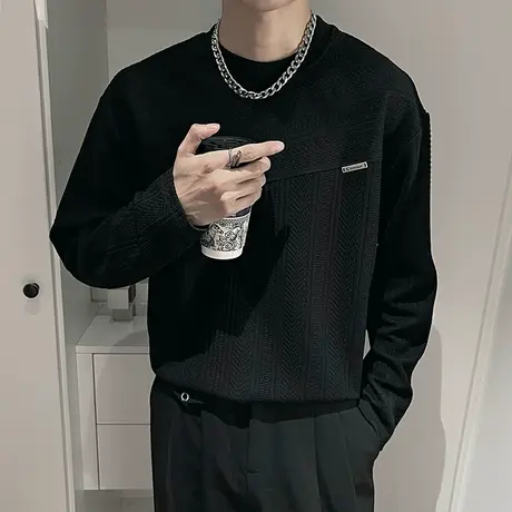 卫衣个性潮流拼接肌理感重磅潮牌长袖打底体恤衫休闲INS体恤上衣商品大图