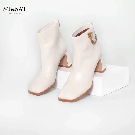 星期六优雅时装靴女秋冬新方头粗高跟通勤短靴女靴SS24116623商品大图