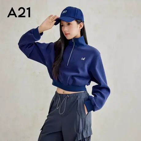 A21女装针织半拉链宽松翻领无绒底卫衣2025新款落肩半开短装上衣商品大图