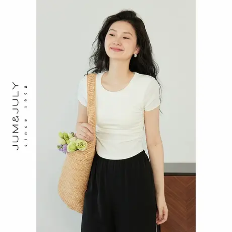 嘉茱莉2025新款夏季短袖T恤女设计感褶皱圆领上衣带胸垫正肩t恤图片