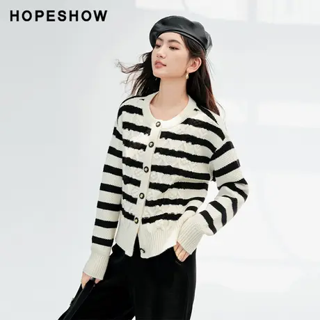 红袖outlets软糯条纹开衫hopeshow2023冬款慵懒风绞花落肩针织衫图片