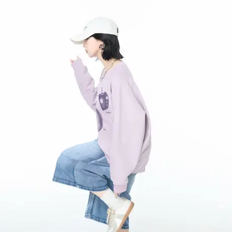 YEP春秋新款浅紫色苹果印花圆领卫衣女宽松外套美式街头套头上衣商品大图