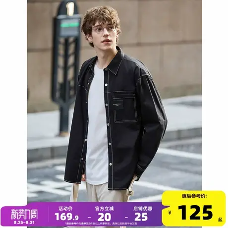 唐狮2025新款春秋季长袖衬衫黑色明线设计感时尚翻领男士上衣潮图片