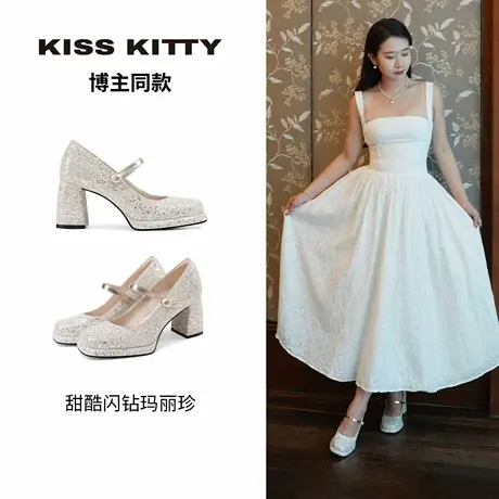KISSKITTY博主同款 玛丽珍女鞋新款闪亮高跟鞋小个子粗跟增高单鞋图片