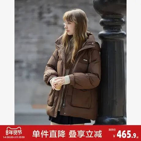 唐狮2026秋冬季棕色短款羽绒服女连帽收腰设计百搭时尚德美拉羽绒商品大图