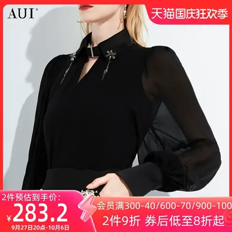 AUI黑色时尚洋气雪纺衬衫女秋2023新款法式小众别致镂空修身上衣商品大图