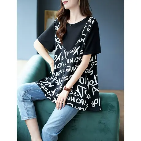 宝诗黎圆领假两件字母印花拼接雪纺上衣2023夏季新款短袖宽松女装商品大图