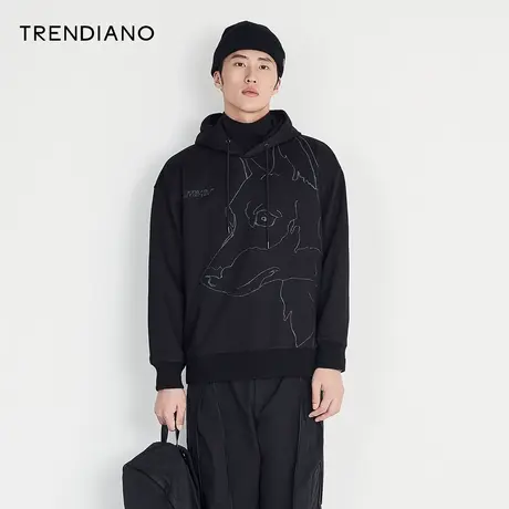 TRENDIANO官方潮牌男装春秋季夜光刺绣连帽潮流黑色长袖卫衣男士商品大图