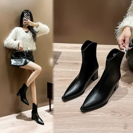 2023年秋冬季新款时尚气质尖头短靴粗跟通勤显高显瘦中筒靴瘦瘦靴图片