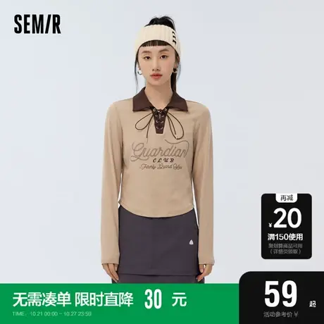 森马长袖T恤女短款撞色小众气质2023春季新款美式字母上衣复古风商品大图