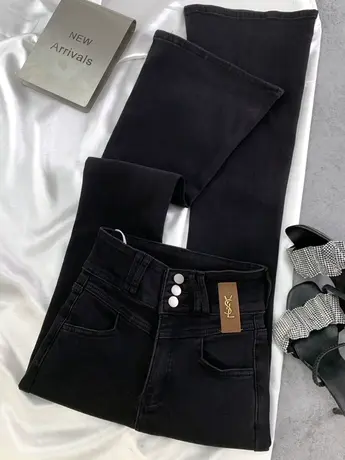 排扣皮牌加绒牛仔喇叭裤2023冬新款显瘦百搭高腰微辣裤包臀马蹄裤商品大图