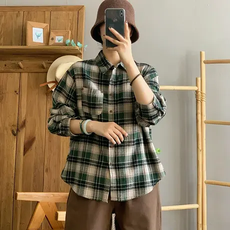 dza 复古短款纯棉格子衬衫女士春秋新款宽松内搭上衣休闲百搭衬衣图片