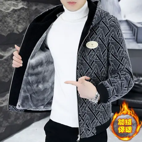 冬季痞帅休闲毛呢大衣男加绒加厚连帽金貂绒夹克保暖潮流冬装外套商品大图