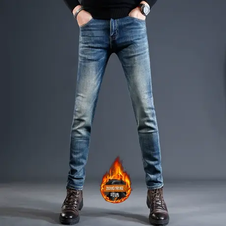 复古蓝色加绒加厚牛仔裤男款修身小脚秋冬款弹力休闲男士裤子冬季商品大图