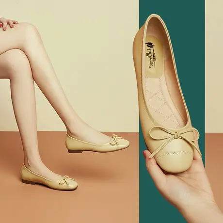 夏季新款平底蝴蝶结黄色单鞋女不累脚真皮套包鞋圆头百搭休闲商品大图