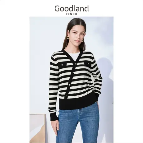 Goodland美地女装冬季美丽奴羊毛黑白条纹针织衫高级感商品大图