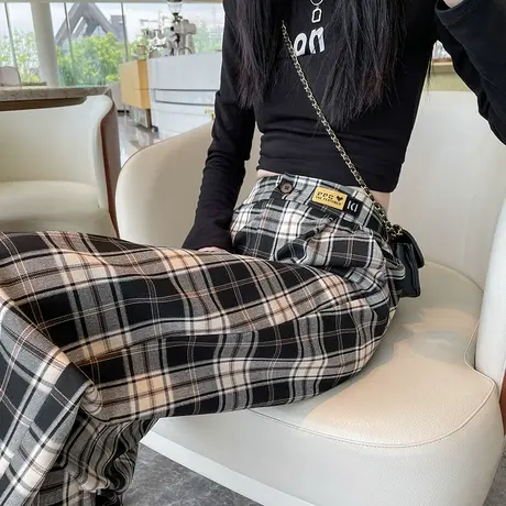 黑白格子毛呢裤女春秋新款宽松直筒拖地长裤高腰显瘦阔腿休闲裤子商品大图