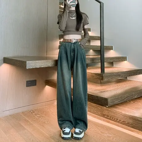 复古直筒窄版阔腿牛仔裤女2024春秋新款高腰宽松显瘦百搭拖地裤子图片