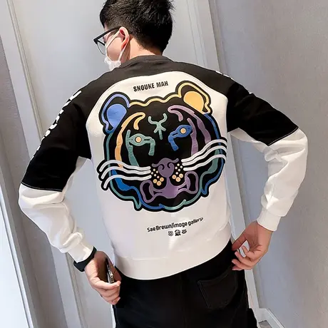 秋季男卫衣t恤打底衫刺绣潮牌长袖潮流时尚拼色拼接虎头休闲外套商品大图