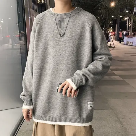 秋季厚款毛衣男士潮牌宽松圆领针织衫韩版休闲假两件百搭学生外套商品大图