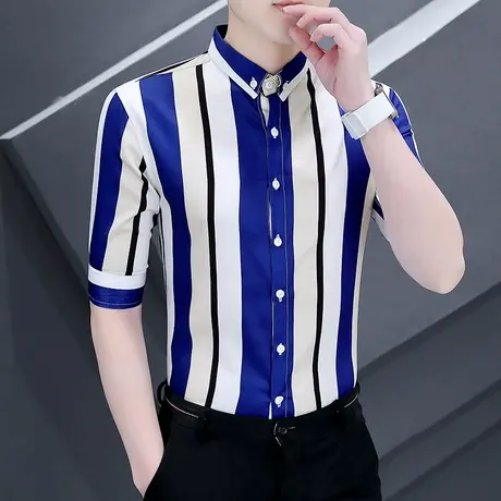 发型师彩色条纹衬衫男潮流拼色设计感夏装薄款帅气七分中短袖衬衣商品大图