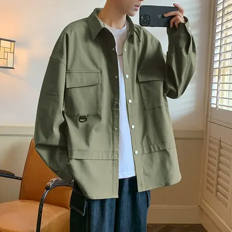 工装夹克男春秋季新款宽松休闲翻领上衣服男士潮牌痞帅衬衫式外套商品大图