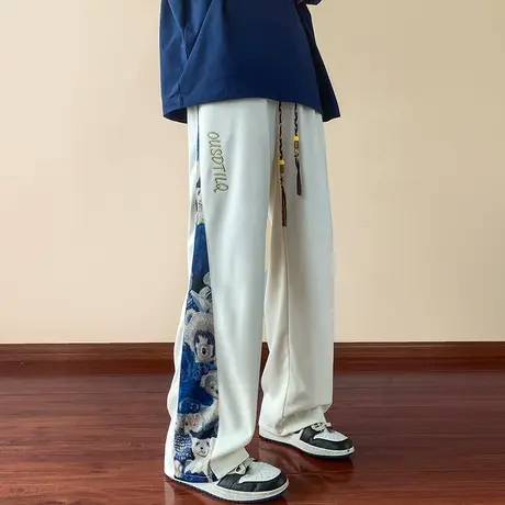 春秋季男直筒裤新款中国风刺绣拼接休闲裤长裤潮流百搭大码男裤子商品大图