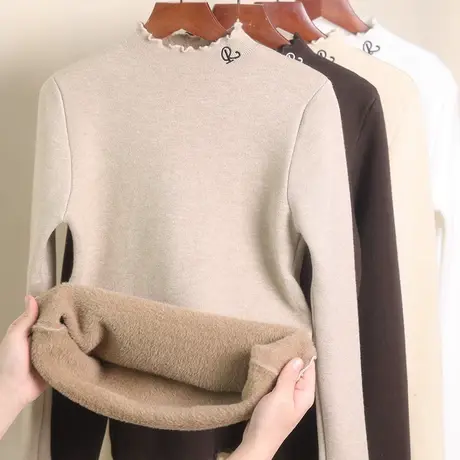 木耳边一体绒针织衫毛衣女洋气保暖内搭加绒加厚半高领打底衫秋冬图片