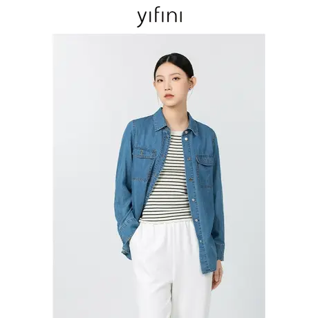 Yifini/易菲宽松长袖翻领百搭牛仔外套女2023秋季新款衬衫牛仔衣商品大图