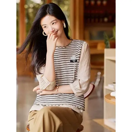 时尚气质拼接衬衫2023秋季新女款温柔通勤文艺圆领长袖宽松上衣商品大图