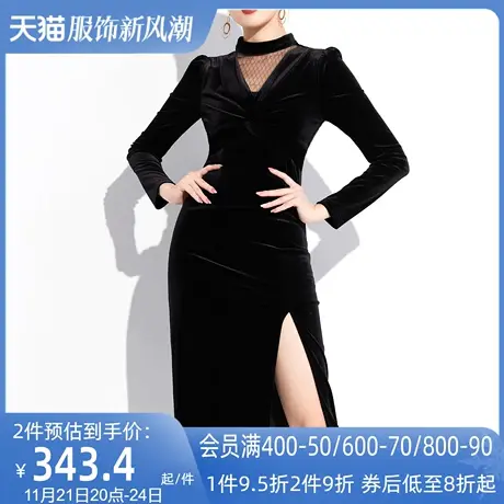AUI法式名媛黑色御姐丝绒连衣裙女2023秋冬新款高端气质开叉长裙图片