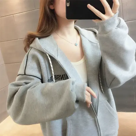 连帽印花开衫卫衣女2023秋季新款设计感拉链外套宽松百搭休闲上衣图片