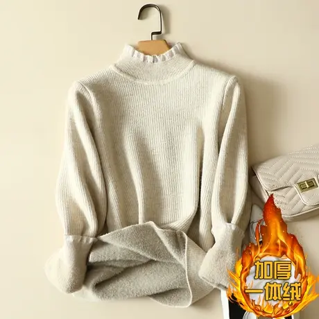 一体绒半高领毛衣女2023年新款加绒加厚打底衫女秋冬内搭针织上衣商品大图