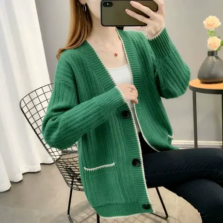 毛衣外套女2024年春秋新款宽松外穿洋气百搭V领单排扣针织开衫女商品大图