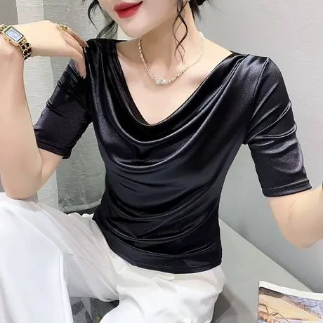 欧货一字领短袖T恤女夏季轻奢洋气小衫设计感垂感修身上衣体恤ins商品大图