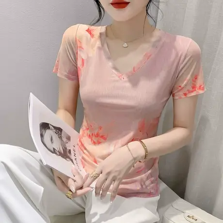 欧货性感V领网纱T恤女短袖夏装新款洋气百搭小衫时尚印花修身上衣商品大图