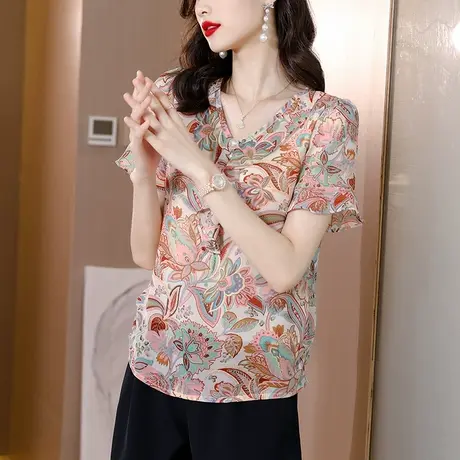 2023夏季新款碎花雪纺衫女时尚百搭妈妈装短袖遮肚显瘦小衫女上衣商品大图