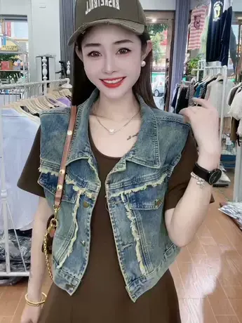 复古做旧牛仔马甲女夏季新款外搭宽松短款无袖坎肩背心上衣外套潮商品大图