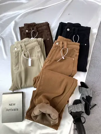 韩版加厚绒休闲裤女2023秋冬新款显瘦百搭高腰裤宽松直筒裤阔腿裤图片