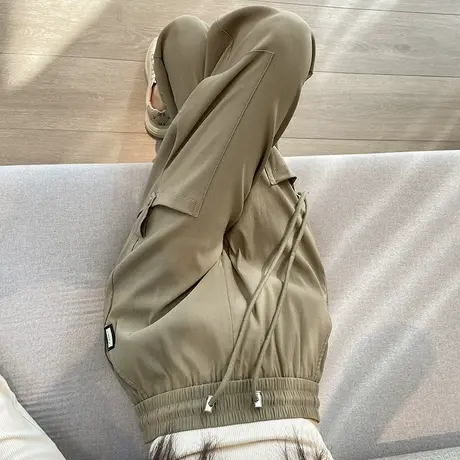 卡其色直筒束脚工装裤女2023秋季新款高腰显瘦垂感美式哈伦运动裤商品大图